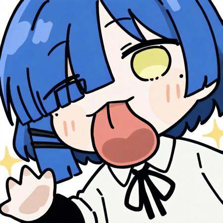 <lora:tongue out_ill-xl:1>,chibi,tongue,tongue out,upper body,waving,masterpiece,best quality,1girl,yamada_ryo,blue_hair,solo,mole,shirt,mole_under_eye,ribbon,white_shirt,yellow_eyes,shimokitazawa_high_school_uniform,neck_ribbon,short_hair,holding,black_ribbon,collared_shirt,sparkle,long_sleeves,hair_ornament,simple_background,hairclip,eyes_visible_through_hair,school_uniform,hair_over_one_eye,white_background,looking_at_viewer,
