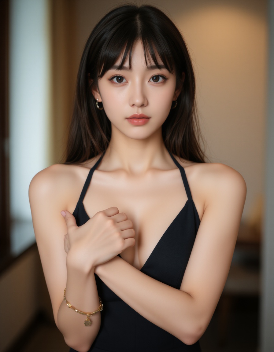 A high-quality photograph of a young asian woman with long,  straight black hair and fair skin. She has a slender physique...