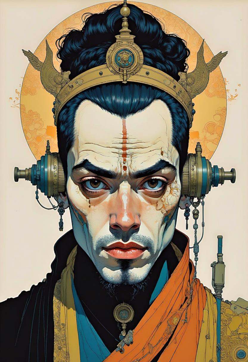 A digital illustration featuring an elaborate portrait of a monk,  desire to achieve enlightenment,  cyberpunk on Tensor.Art