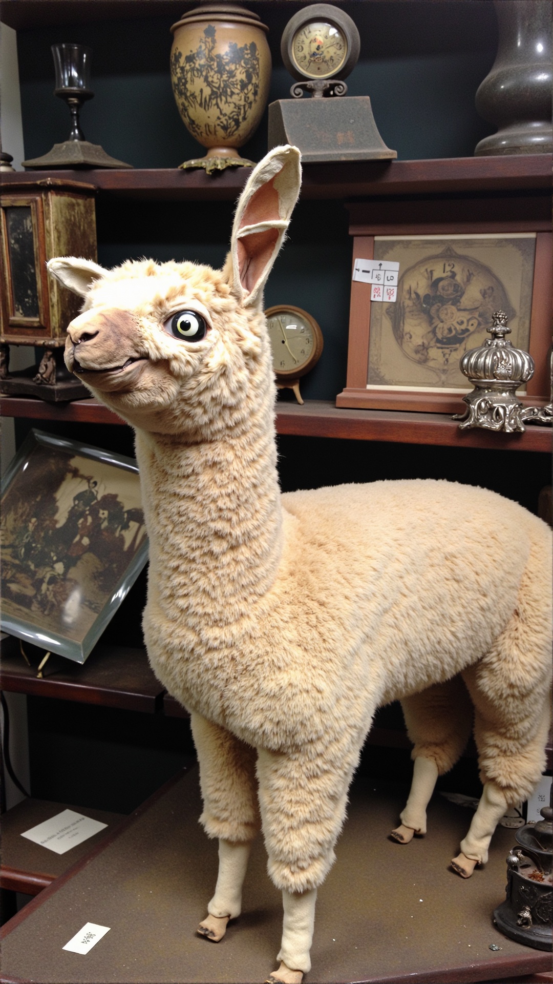 badtxdrmy,  bad taxidermy,  A photo of a bad taxidermi alpaca with one eye bulging outward and the other sunk deep into it...