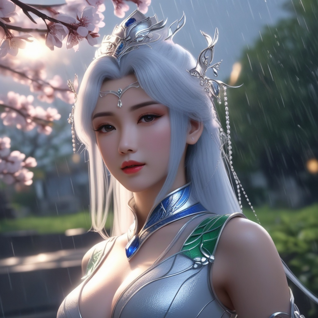 <lora:838-DA-XL-百炼成神-宁雨蝶-成年:0.8>, (,1girl, ,best quality, ),,  ,,ultra detailed 8k cg, ultra detailed background ,ultra realistic 8k cg,          cinematic lighting, cinematic bloom, (( , )),,  , unreal, science fiction,  luxury, jewelry, diamond, pearl, gem, sapphire, ruby, emerald, intricate detail, delicate pattern, charming, alluring, seductive, erotic, enchanting, hair ornament, necklace, earrings, bracelet, armlet,halo,masterpiece, (( , )),, realistic,science fiction,mole,   ,cherry blossoms,,(((Best quality, masterpiece, ultra high res, (photorealistic:1.4), raw photo, 1girl, ,rain, , sunlight, sunset, qianqiu wanxia,     )))  (cleavage),,  (),