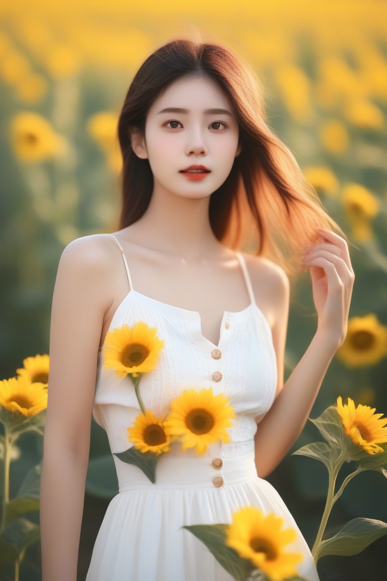 (mature body), (upper body:1.5), nikon RAW photo,8 k, Fujifilm XT3,masterpiece, best quality, realistic, photorealistic, ultra detailed, extremely detailed face, solo,1girl, standing, fashionable and trendy atmosphere, and a stylish expression on her face, full body, (narrow waist), white dress on field of sun flowers,,<lora:models/636/58b32527.safetensors:0.8:0.8>