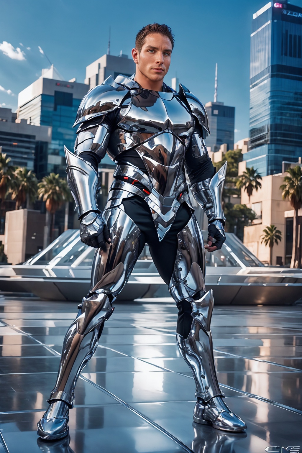 plaza,  futuristic chrome cityscape in background,  muscular DylanRoberts wearing chr0me4rmor on Tensor.Art