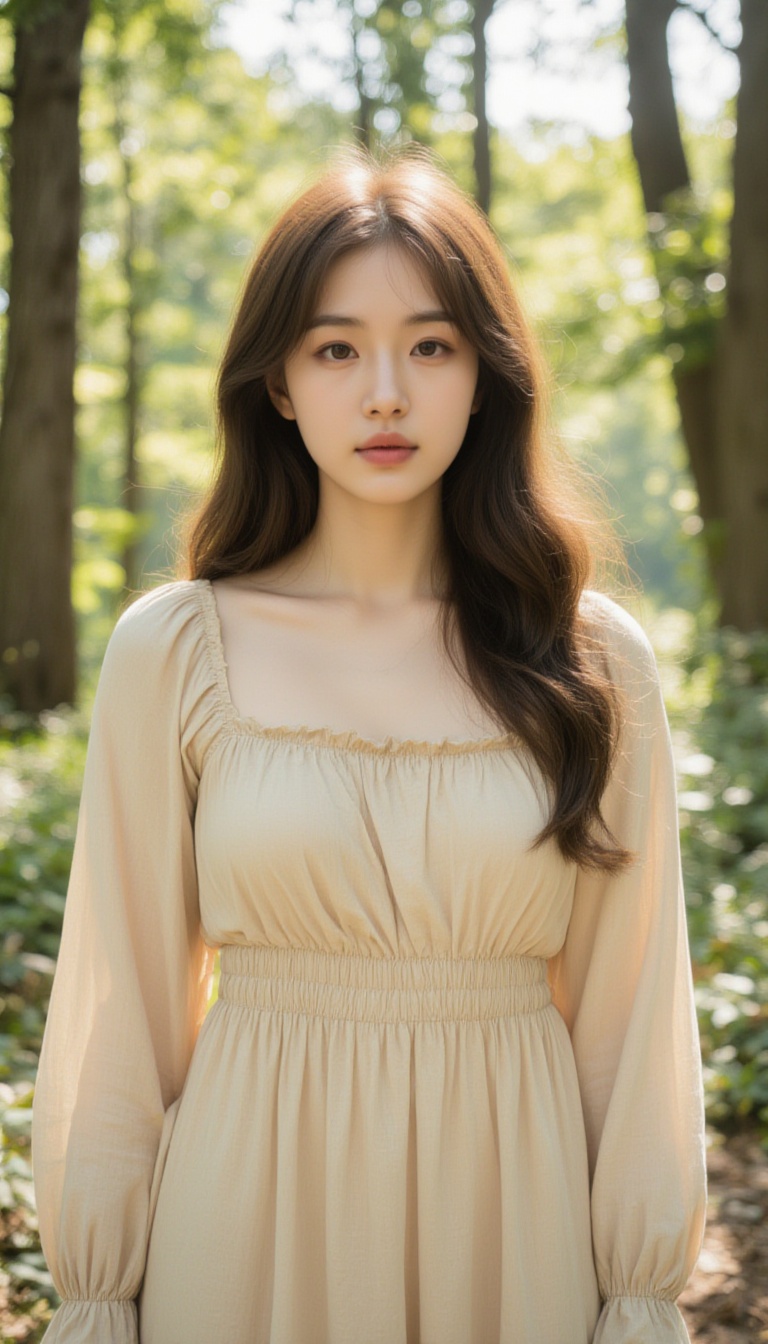 A young woman with long,  wavy brown hair and fair skin stands in a sunlit forest,  wearing a light beige on Tensor.Art