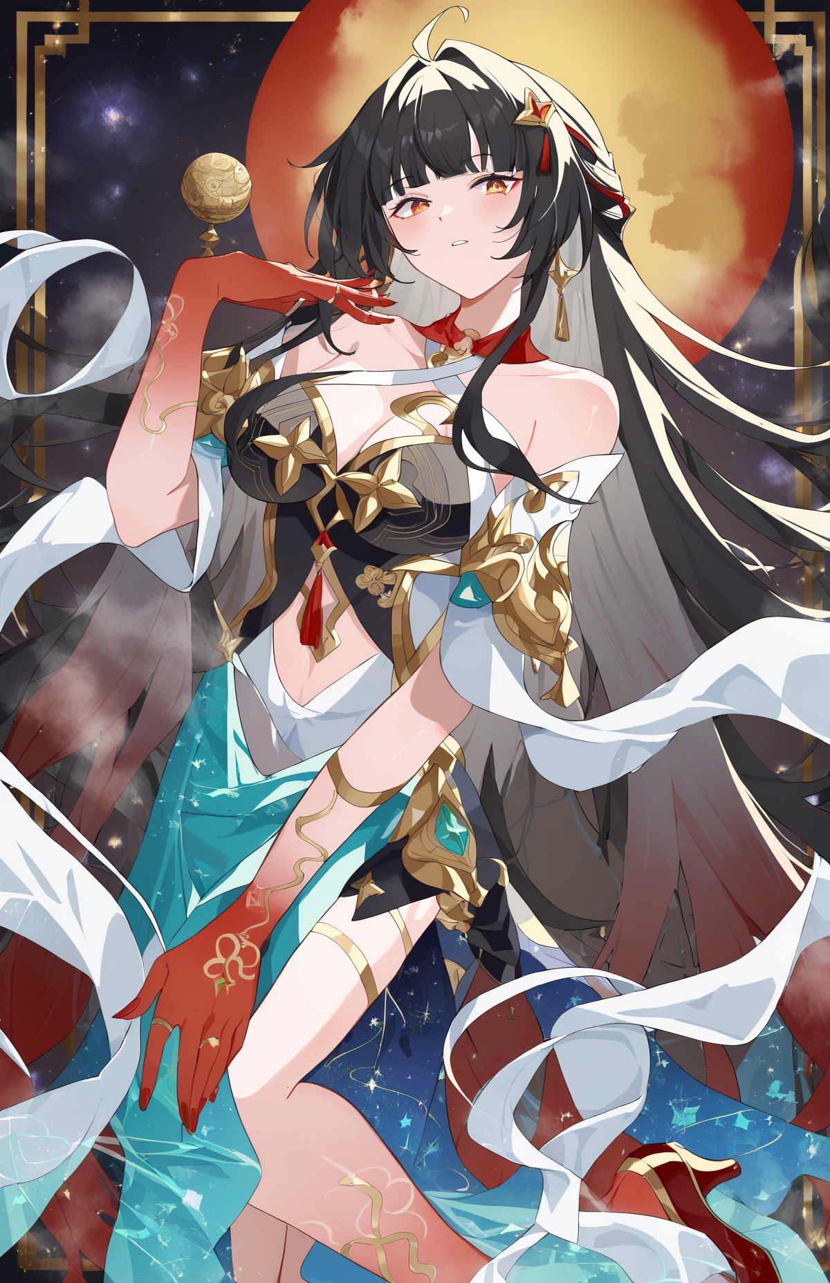 score_9, score_8_up, score_7_up, score_anime, A tarot card style illustration of a mature woman, haughty expression, wearing ornate clothing with regal, sharp edges, mirrored vertically, upper body only. The woman stands in an upright pose, creating symmetry. Background: Intricate, celestial patterns with stars and moon phases. Colors: deep blues, gold, and black tones, sharp contrast lighting with a mystical aura. Created using: baroque painting techniques, tarot symbolism, fine ink detailing, digital painting, mystical lighting, intricate pattern work, celestial elements, BREAK<lora:lingsha-pony-Tanger-000018:0.8>, lingsha, default clothes, red hands, red feet, 1girl, long hair, black hair, breasts, ahoge, high heels, BREAKTEST, masterpiece, best quality, 