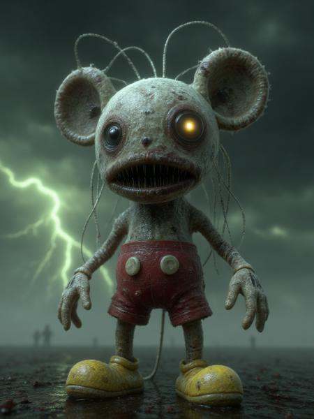 Real Horror Style,  A CGI-rendered,  nightmarish and unsettling image of a distorted Mickey Mouse on Tensor.Art