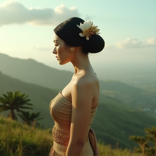 Shot from front view,  a full-body view of a Balinese (((oumbaliflux))) woman in a traditional kebaya outfit,  her black h...
