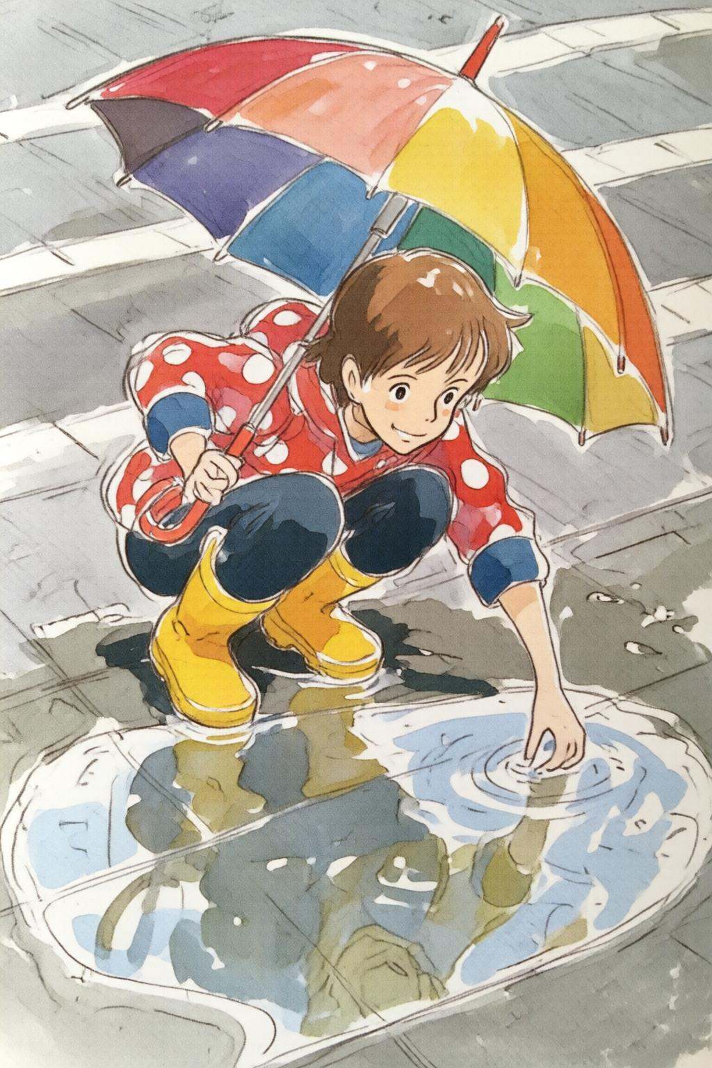 hayaomiyazaki3q illustration.High angle view of a young woman,  crouching low to the ground in a puddle. She is wearing br...
