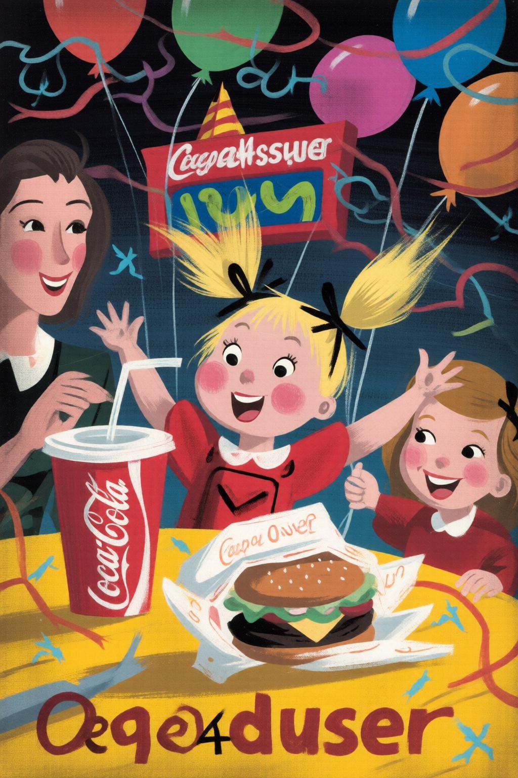 maryblair4q illustrationA four-year-old girl with twin pigtails is celebrating her birthday at McDonald's,  with crispy Mc...