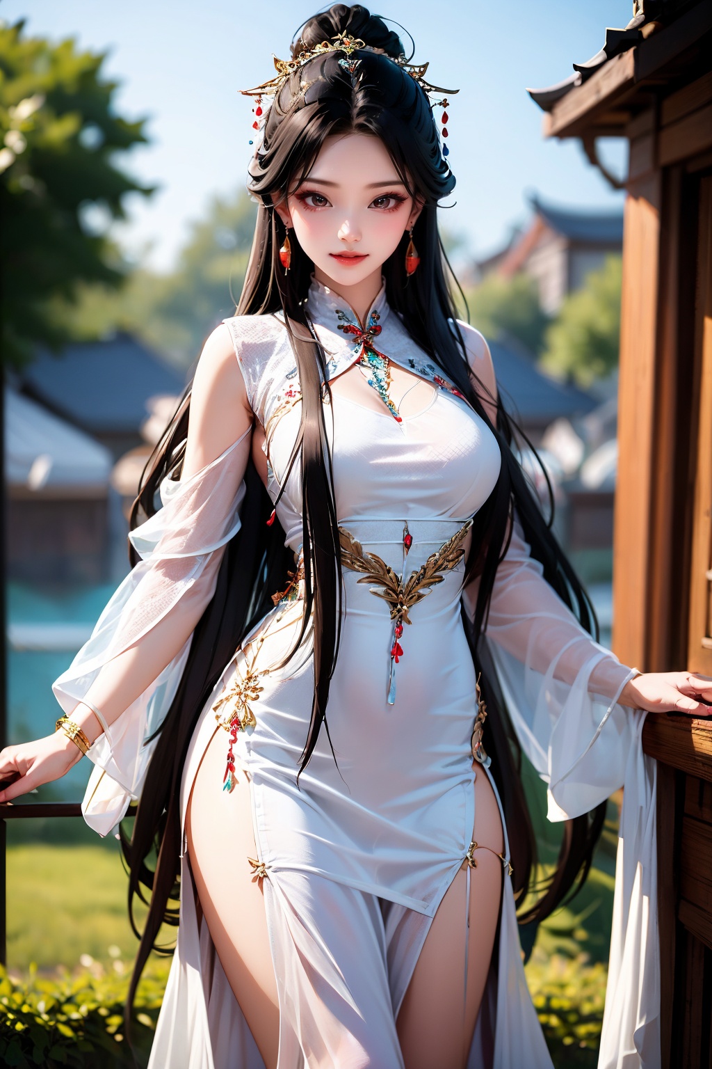 1girl, jewelry, solo, dress, white dress, earrings, long hair, breasts, black hair, clothing cutout, blurry background, hair ornament, chinese clothes