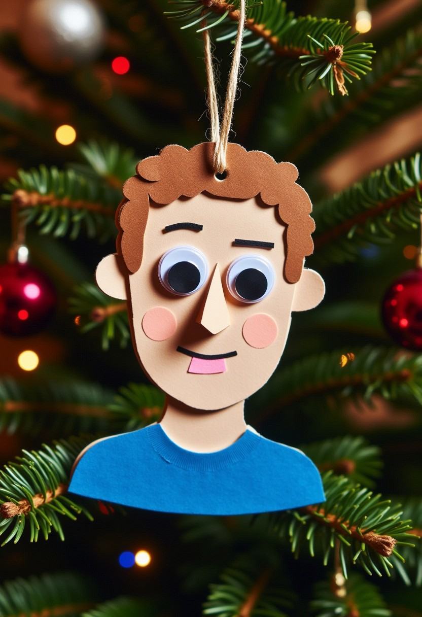 Photograph of a festive,  whimsical,  handmade Christmas decoration in the form of Mark Zuckerberg on Tensor.Art
