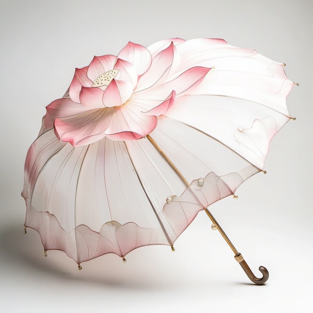 san, umbrella,A fancy, vintage-style parasol flaunts a huge, pink and white lotus flower design. The petals are crafted from see-through silk with a gradient of soft pink to white, and the flower's center is jazzed up with dangling pearls. The handle is made of polished wood and topped with a brass tip. The background is a plain white.,<lora:sanv1:0.8>