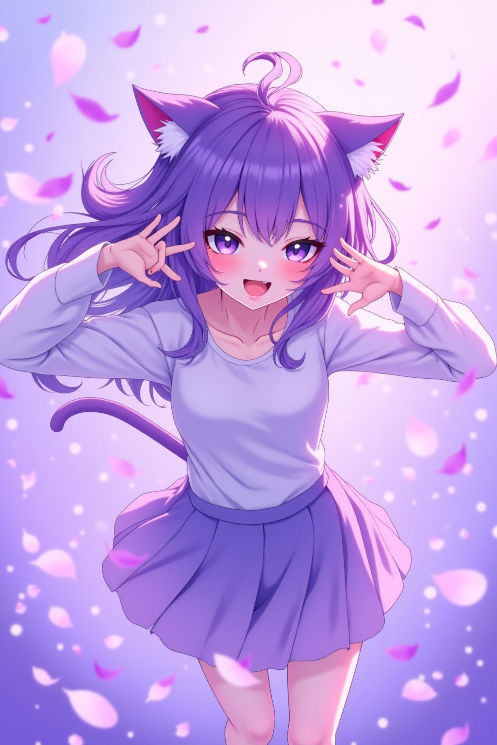 Best picture quality, 8K, a beautiful girl, flying purple petals, 2 cat ears,