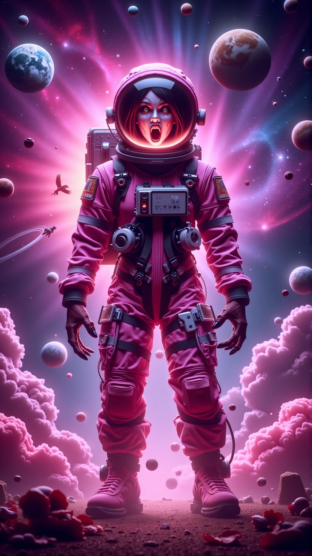 a photorealistic dark cursed moody screaming bubblegum pink spacesuit,  female astronaut,  standing on Tensor.Art