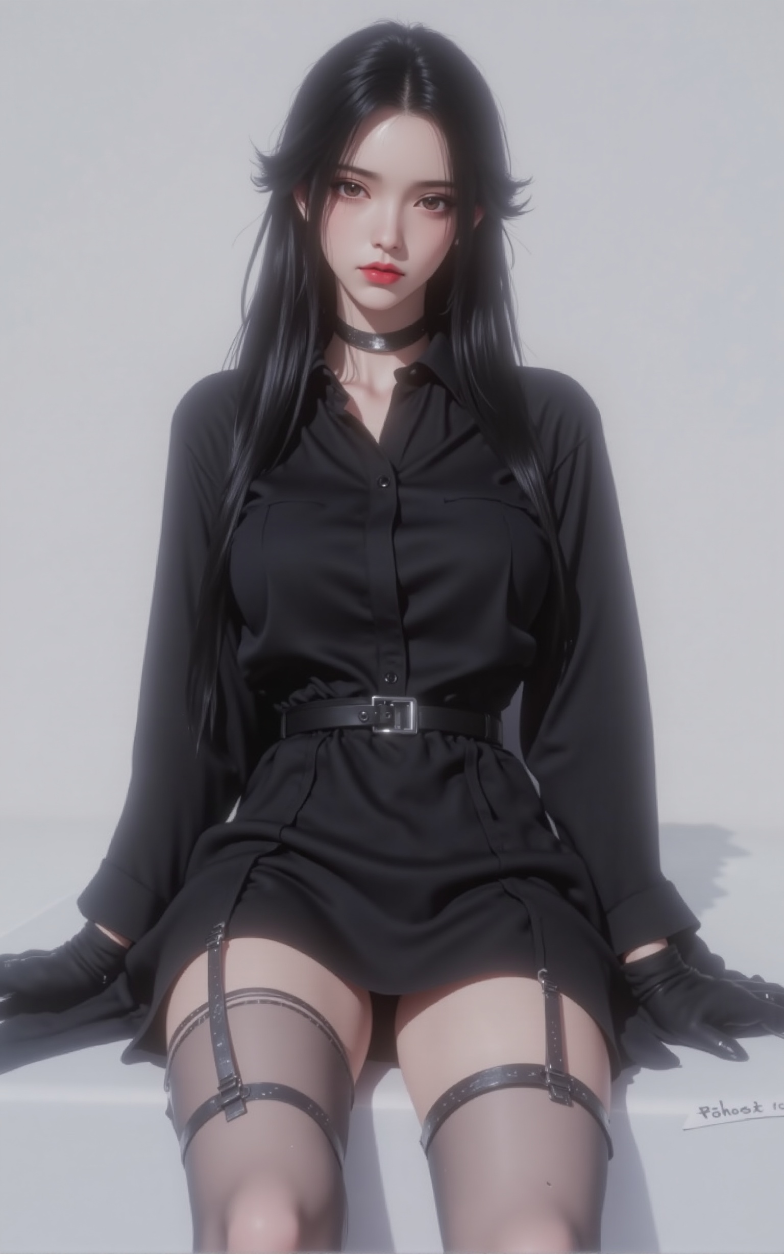 1girl,gloves,solo,long hair,black hair,black gloves,sitting,shirt,looking at viewer,black shirt,red lips,breasts,belt,skirt,thigh strap,makeup,grey background,artist name,lips,simple background,lipstick,long sleeves,large breasts,very long hair,black skirt,