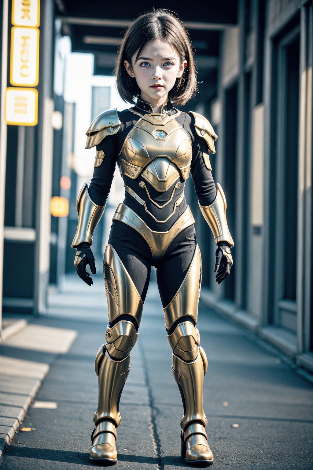 armor, 1girl, little girl, female focus, long hair, realistic, solo, blue eyes, blurry background, blurry, looking at viewer, power armor, science fiction, standing, full body, outdoors, photorealistic, short hair, child, earrings, black hair, motor vehicle, cyberpunk, car, depth of field, building, brown hair, shoulder armor, fingerless gloves, glowing, bodysuit, city, street, boots, lips, closed mouth, gloves, jewelry, aged down