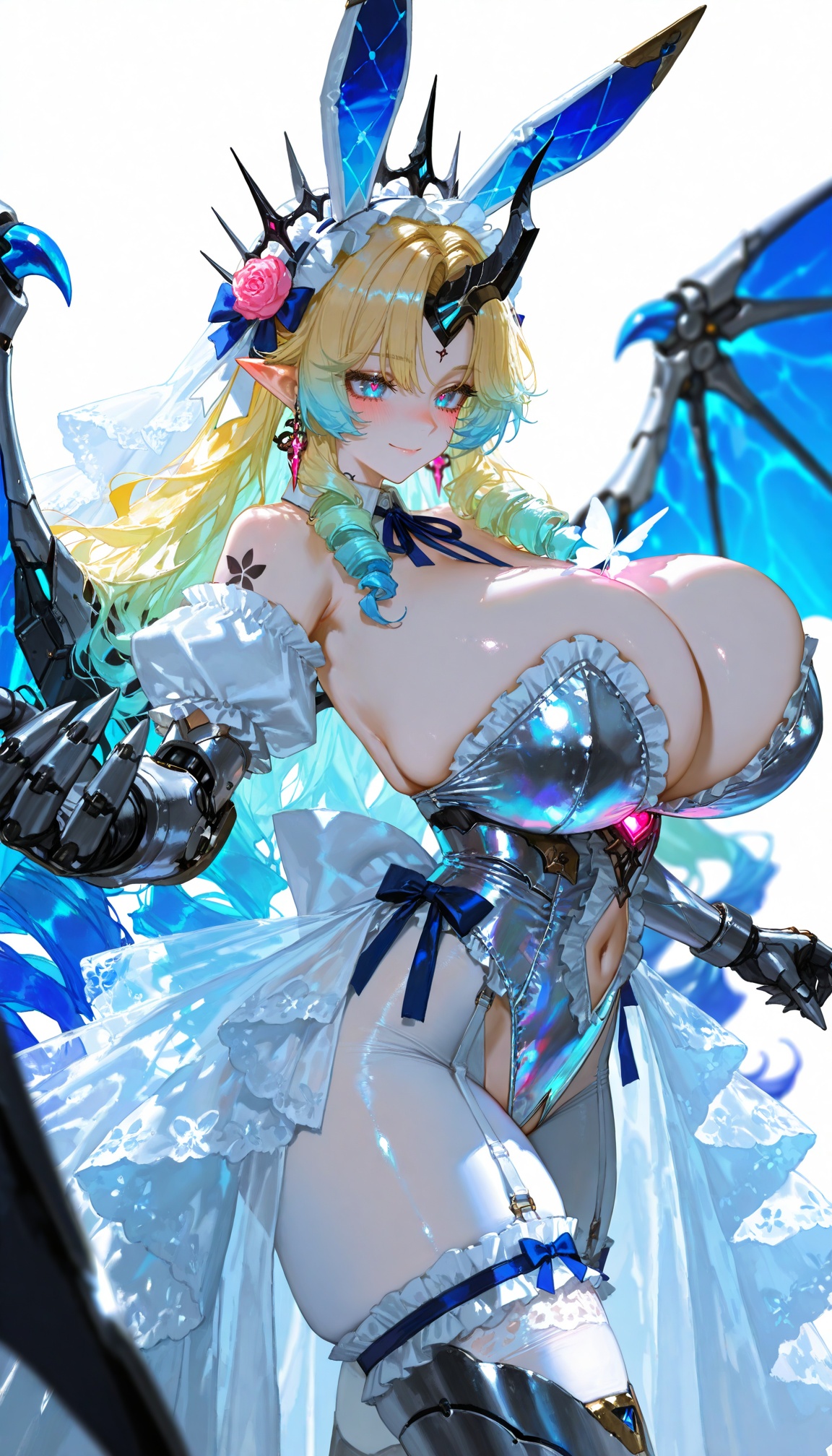 artist:iuui:0.5,artist:quasarcake:0.65,eyecatching,fleurdelys (wuthering waves),1girl,solo,young girl,pointy ears,earrings,blue eyes,blonde hair,blue inner hair,tattoo,parted bangs,one horn,crown of thorns,very long hair,(gigantic breasts:1.3),smile,blush,cleavage,gradient hair,holographic hair,reflective clothes,steam,see-through,white butterfly,wedding dress,veil,white thighhighs,bridal garter,strapless,frills,off-shoulder,clavicle,head gear,skindentation,tight clothes,curvy,wide hips,thick thighs,white lingerie,lace trim,highleg thong,groin,side-tie,white crotchless pantyhose,frilled armlet,mecha musume,mechanical arms,mechanical leg,mechanical body,glowing core,navel,short sleeves,frills,puffy sleeves,rabbit ears,leotard,puffy short sleeves,maid,maid headdress,fake animal ears,garter straps,drill hair,revealing clothes,between breasts,simple background,white background,bare shoulders,cowboy shot,elbow gloves,sleeveless dress,neck ribbon,blue bow,wavy hair,frilled dress,white bow,blue ribbon,hat bow,white ribbon,white pantyhose,personification,collared dress,center frills,layered dress,dress bow,white theme,closed mouth,outdoors,sky,bow,ribbon,jewelry,flower,heart,pink flower,pink ribbon,cowboy shot,wings,detached sleeves,armor,leotard,pale skin,claws,dragon girl,mecha musume,duel monster,dragon wings,(fighting stance),from side,floating hair,masterpiece,best quality,amazing quality,lazypos,lazyup,high detail,subtle,high contrast,colorful depth,chiaroscuro,impasto,(shallow depth of field:1.4),(foreshortening:1.4),dynamic pose,dynamic angle,