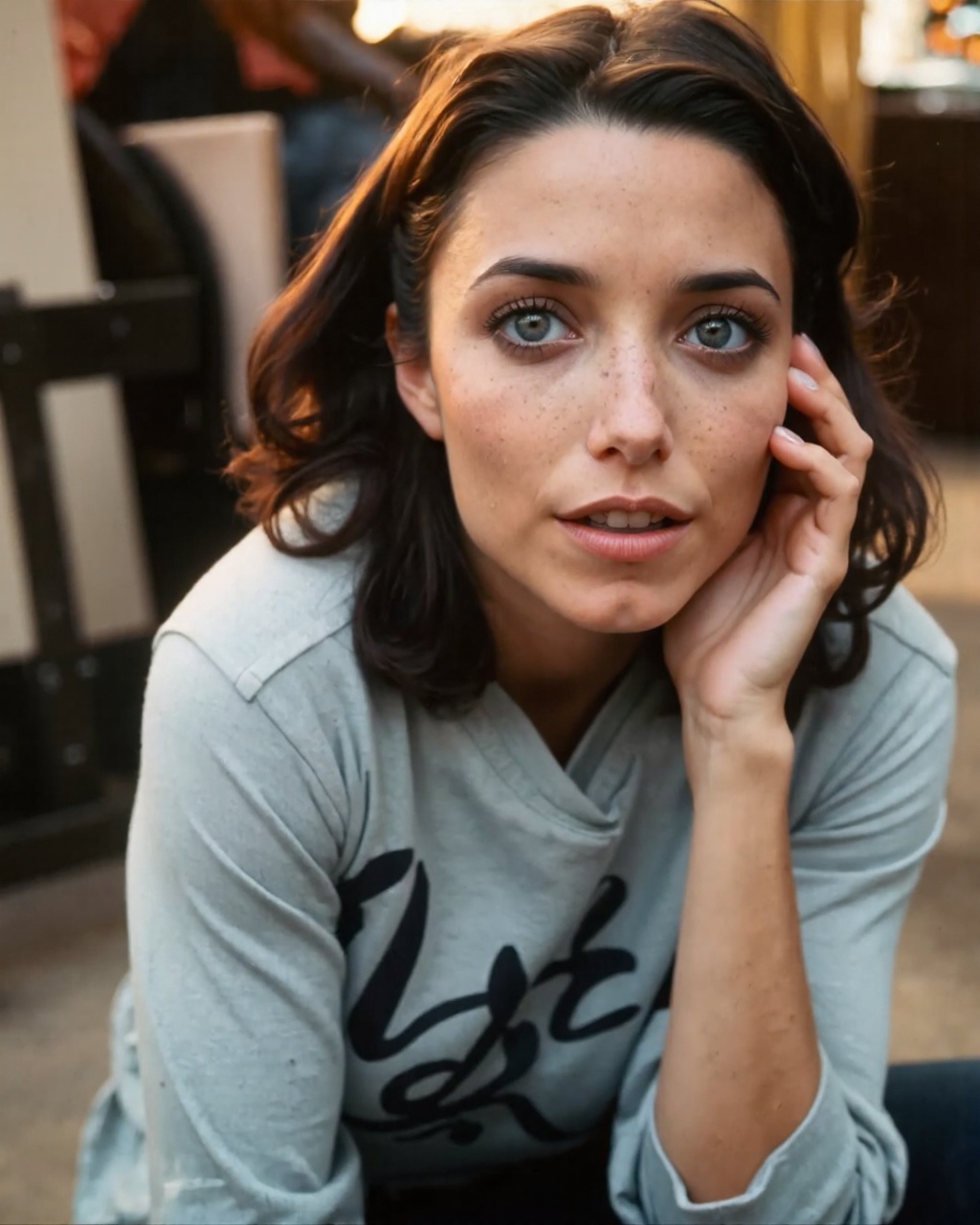 karen_allen of Middle Eastern descent with smooth,  flawless olive-toned skin and dark brown,  slightly wavy hair that fal...