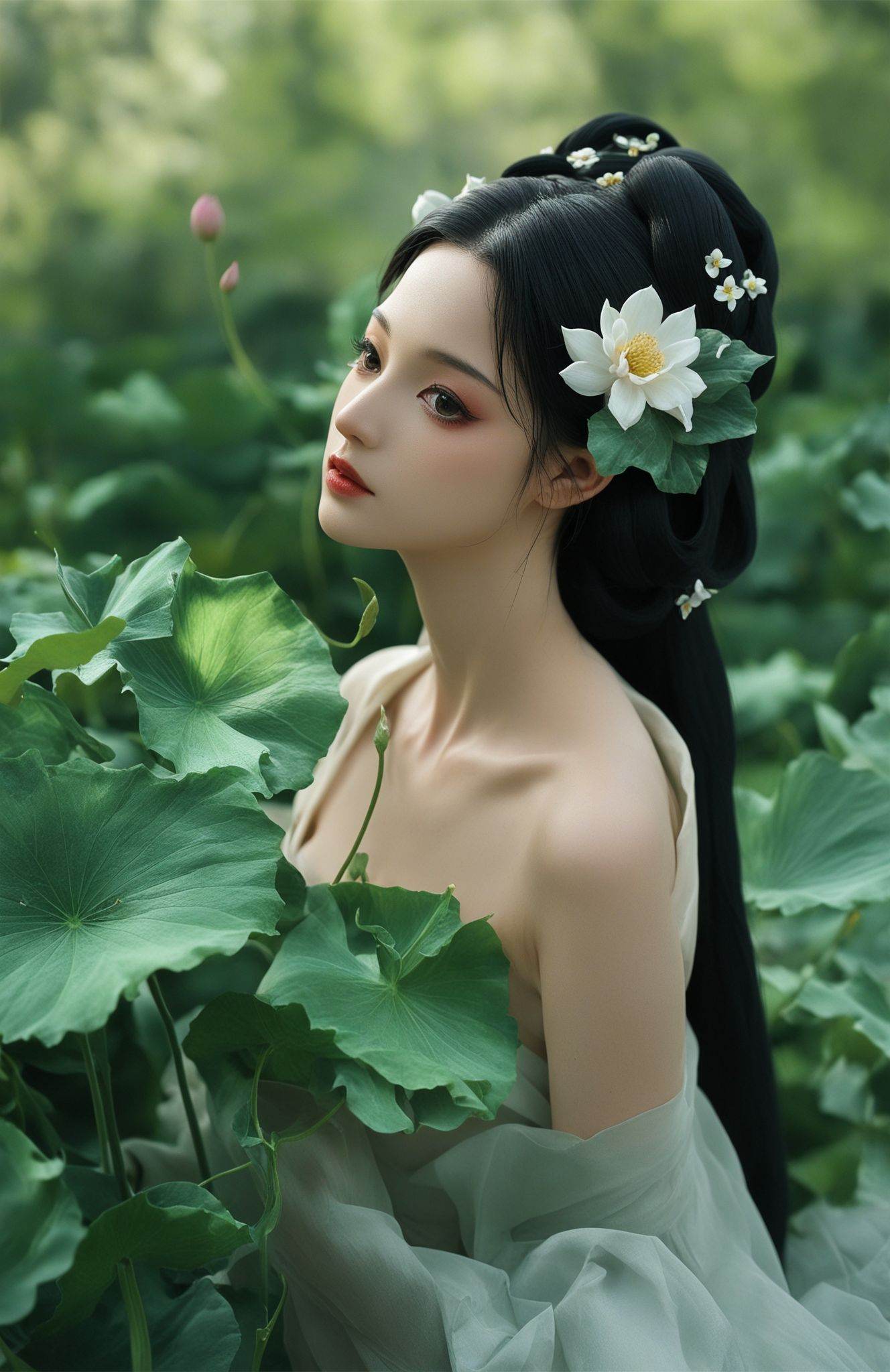 score_9,score_8_up,score_7_up,score_6_up,score_5_up,xiexinghanfu,In a tranquil pond dotted with lotus leaves,a figure clad in traditional Chinese attire emerges,her graceful posture reflecting the elegance of ancient beauty rituals. Her hair,adorned with floral accessories,cascades amidst the greenery,blending with nature's palette. The scene is a harmonious symphony of tradition and nature,capturing a moment of serene contemplation.,