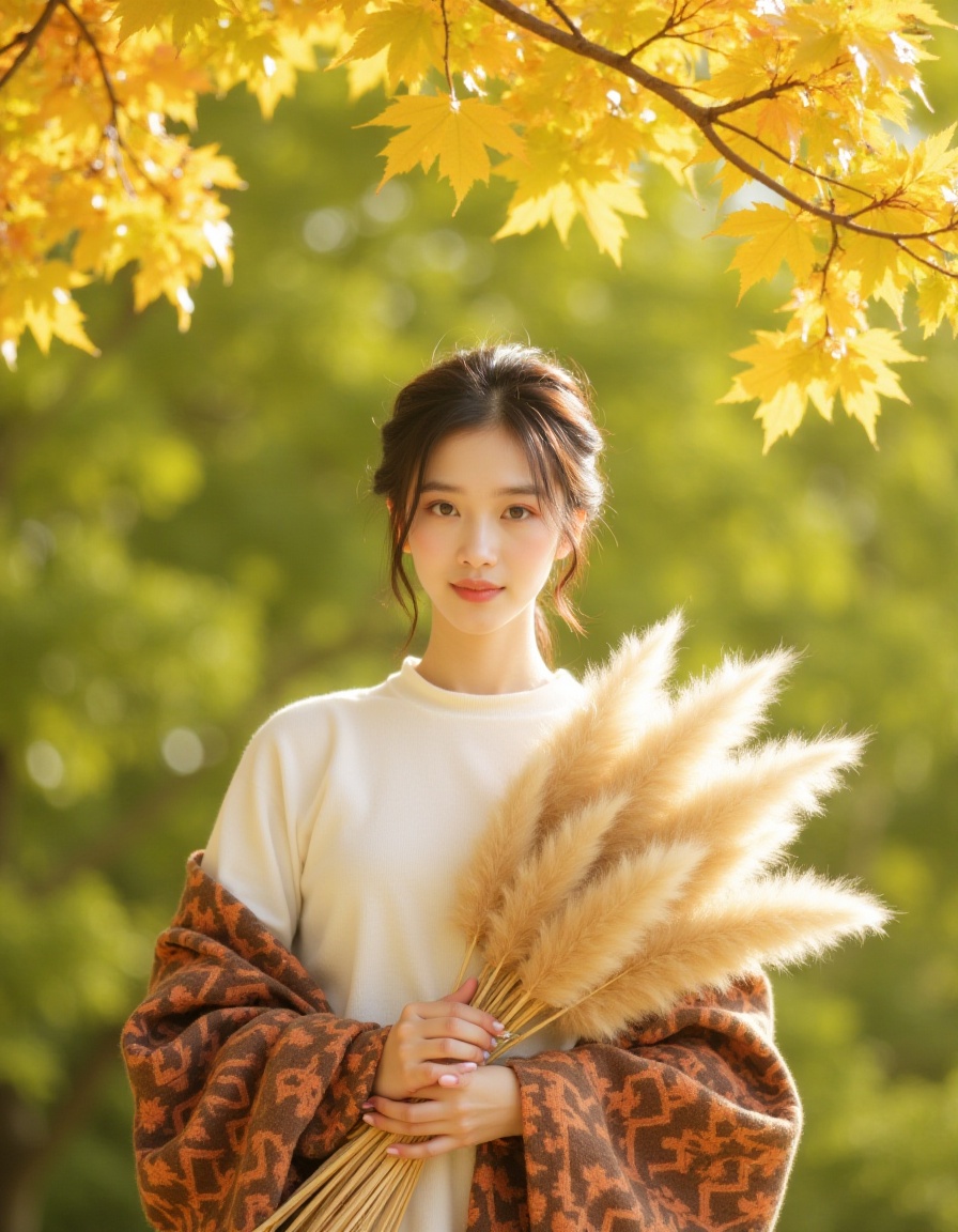 <lora:lora-qiutian2:1>,qiutian,Portrait of a young woman with an ethereal expression,standing in a sunlit autumn setting. She is positioned slightly off-center to the right,wearing a white top and a patterned brown and orange shawl. Her hair is styled in an elegant updo,and she holds a large,fluffy,beige pampas grass bouquet. The background features soft-focus green foliage,creating a dreamy atmosphere. Overhead,vibrant yellow autumn leaves hang from a tree,framing the scene. The lighting is soft and diffused,casting a warm,golden glow across the image. High-key photography,shallow depth of field,warm color palette,natural lighting,serene,ethereal,autumnal mood,visually balanced composition.,