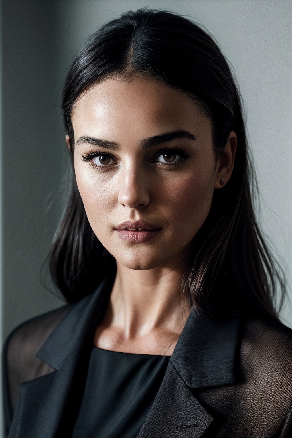 MonicaB_SoloTI_v1,  (In a sleek,  modern outfit with a fitted blouse and tailored trousers on Tensor.Art