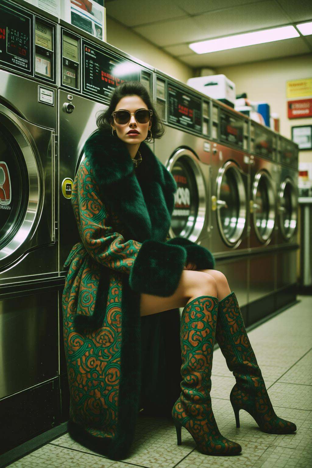 midjourneymix10q photographA French woman is sitting at a laundromat,  dressed in an elaborate outfit. She is wearing over...