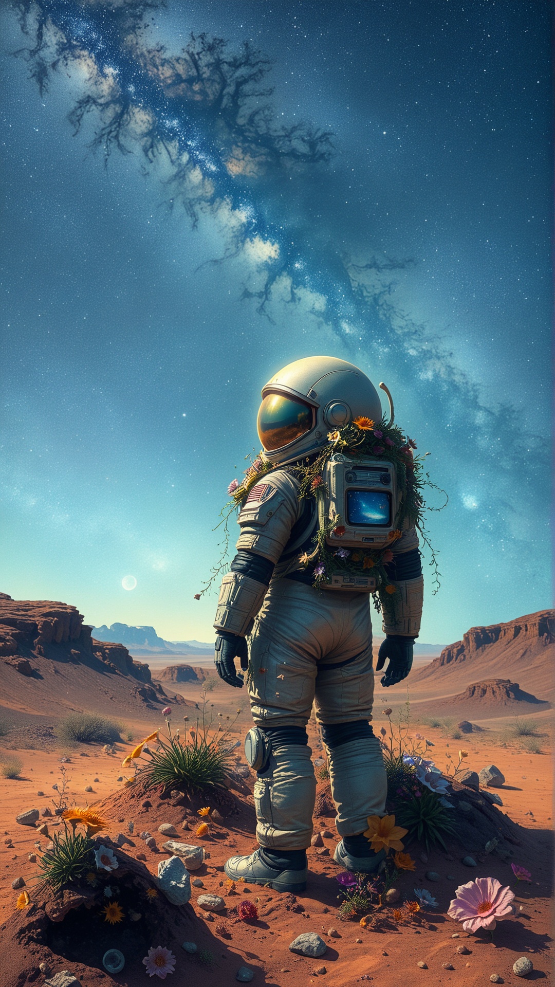 Fl0w3rGr0wnStyle A stranded astronaut,  helmet visor slightly fogged,  standing near a mysterious glowing 'well of wishes'...