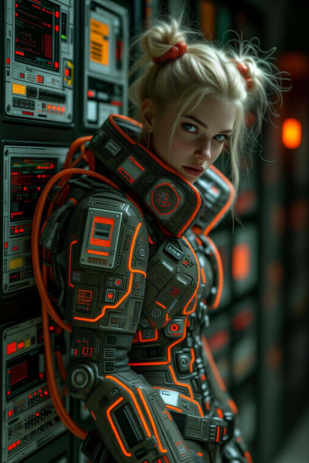 midjourneymix10q photograph.A young Polish woman with her blonde hair styled into two buns is shown in side profile and st...