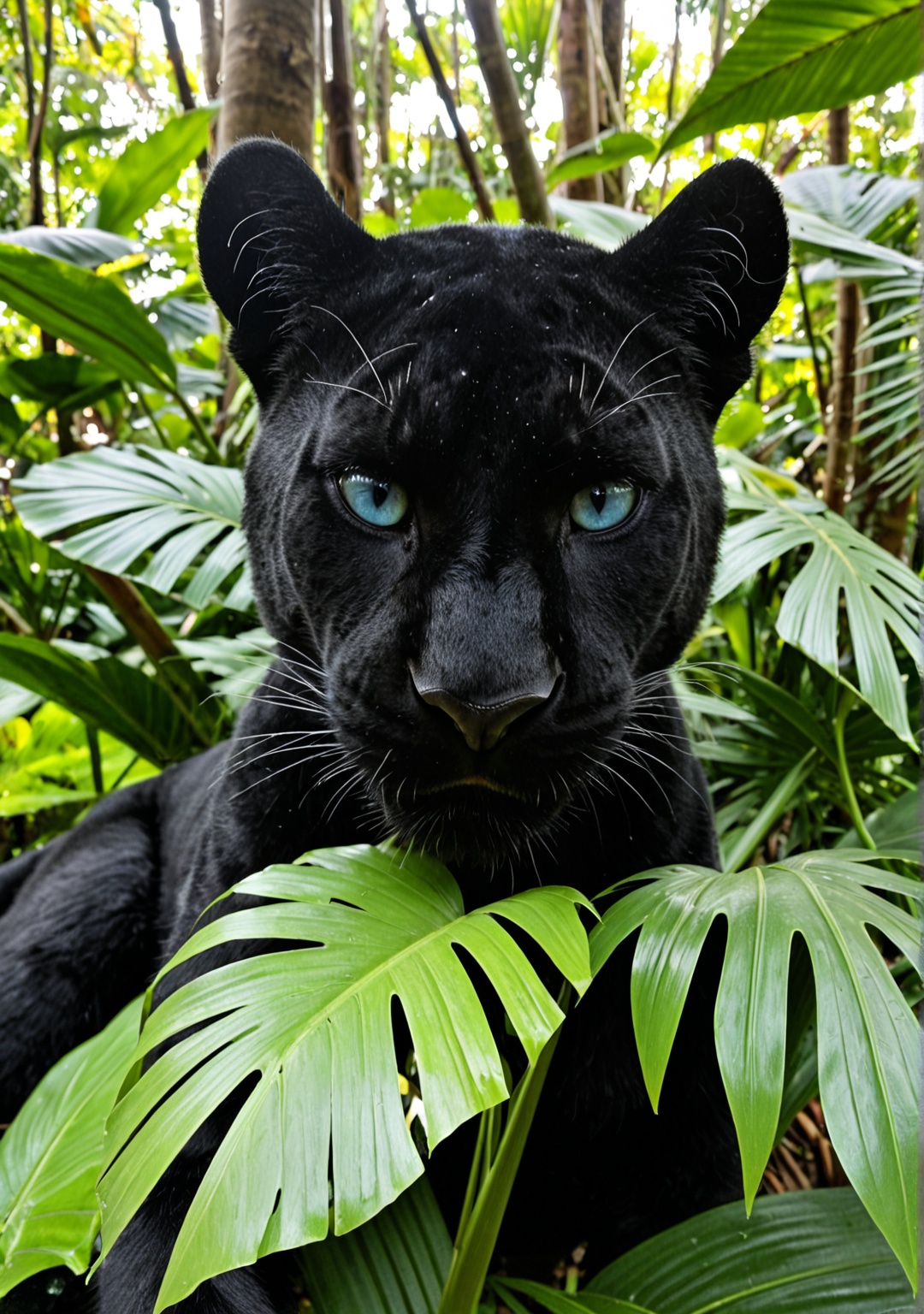 Extreme close-up shot of a macro lens capturing a mini black panther cub with crystal blue eyes with a hint of green,  sit...