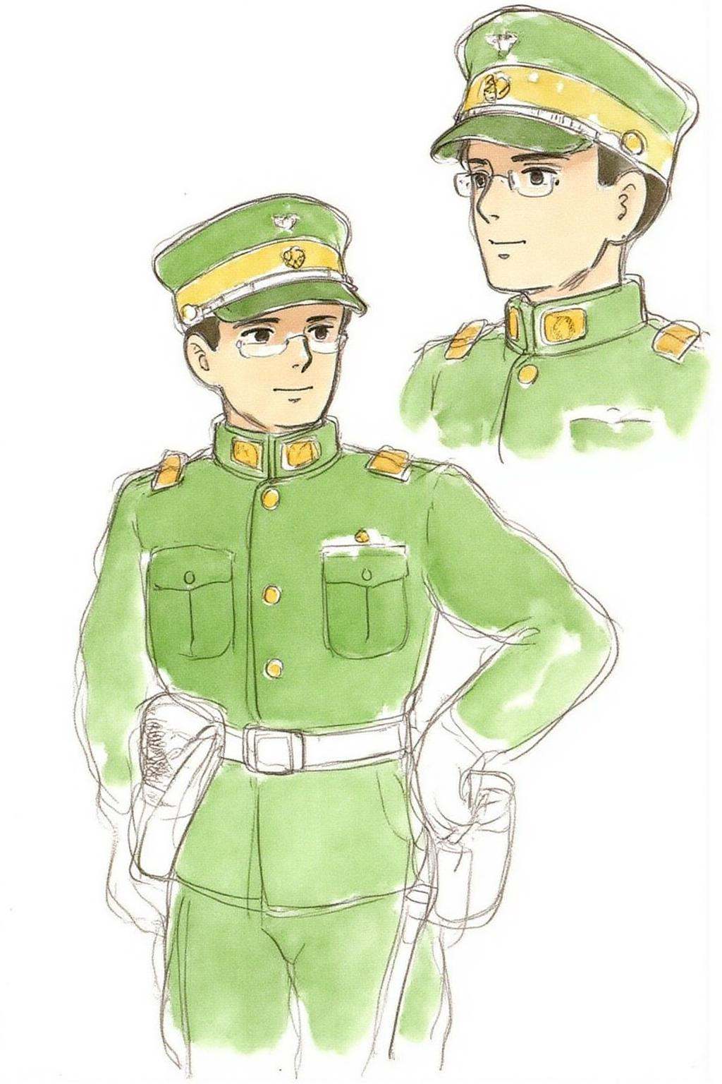 hayaomiyazaki2 illustration.Two portraits of the same soldier. In the center is the portrait of a man wearing glasses,  in...