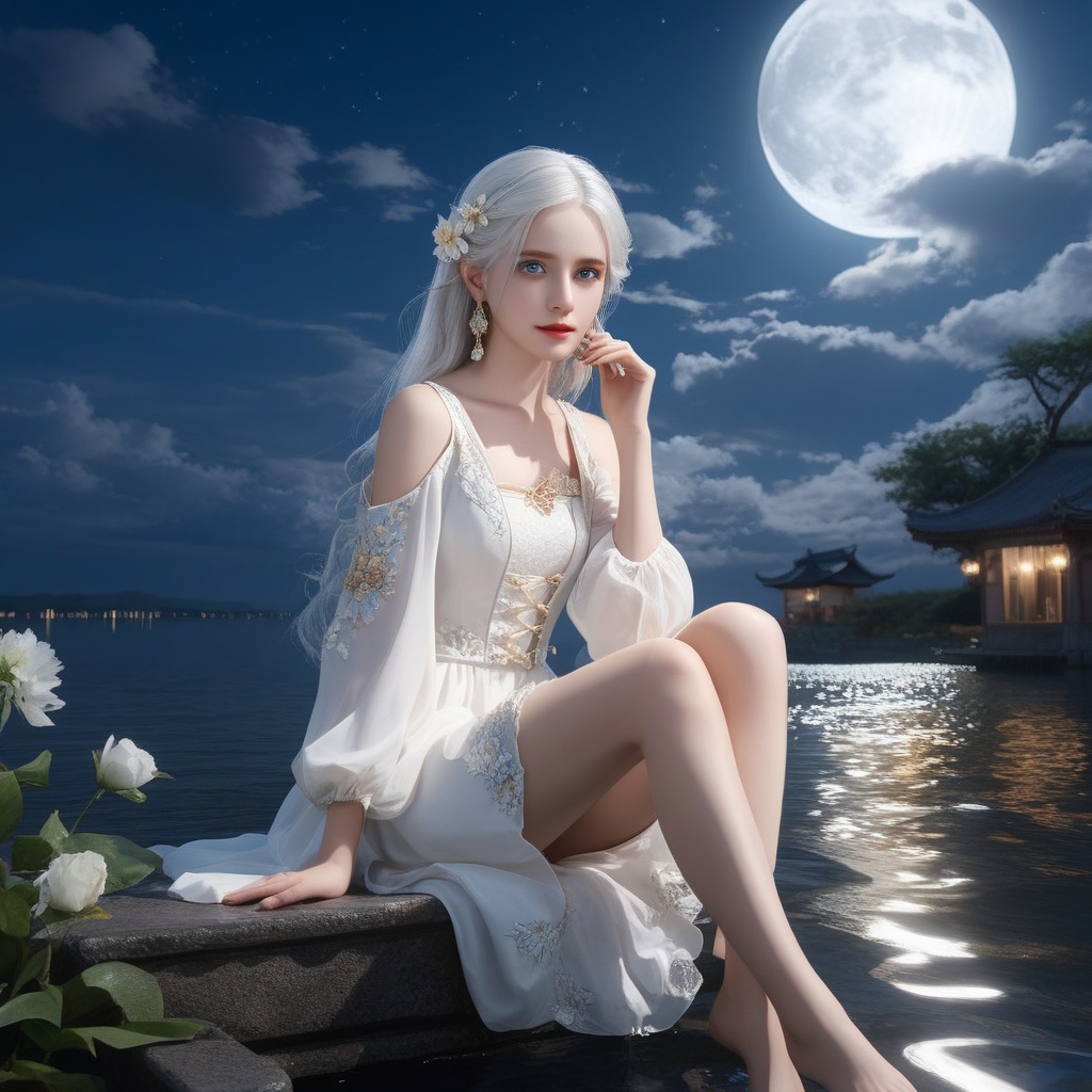 SFW,(masterpiece:1.2),best quality,absurdres,masterpiece,original,extremely detailed wallpaper,perfect lighting,(extremely detailed CG:1.2),1girl, solo, long hair, blue eyes, hair ornament, dress, jewelry, sitting, flower, white hair, earrings, sky, cloud, water, white dress, bare legs, night, facial mark, moon, forehead mark <lora:823-DA-XL-国模-恶女-VIVI:0.8>,