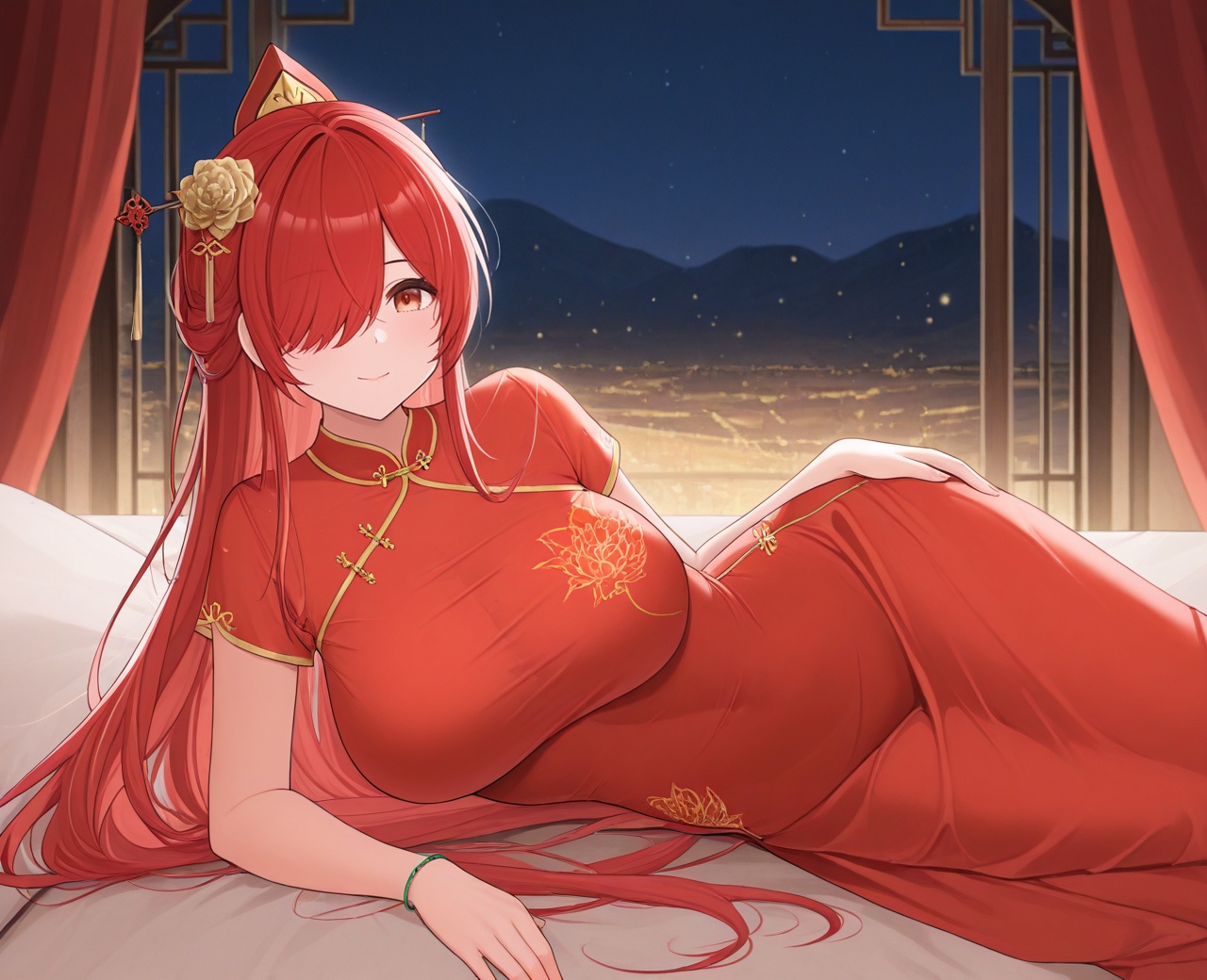 1girl,  red china dress,  lying on Tensor.Art