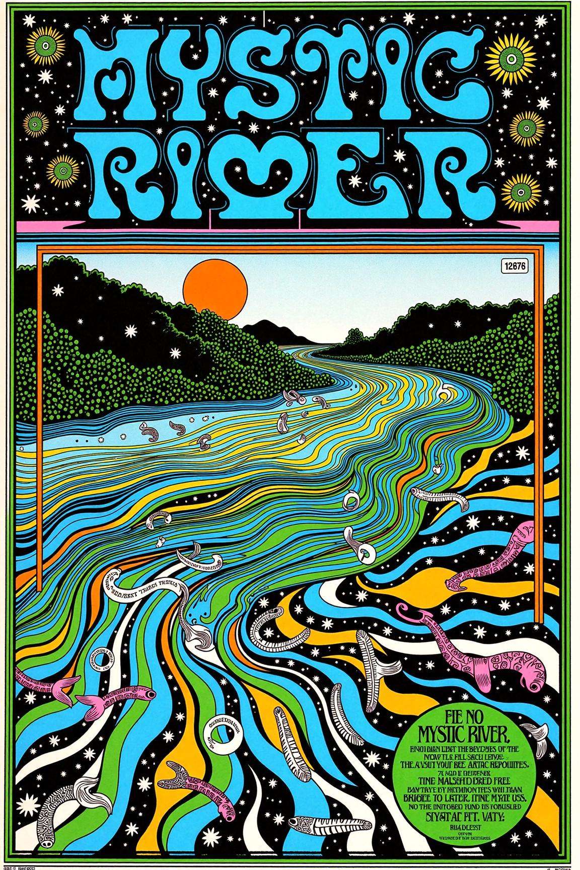 psypop,  70s psychedelic style poster of a "Mystic River" psychedelic 1970s pop art poster,  vibrant flowing water with sw...