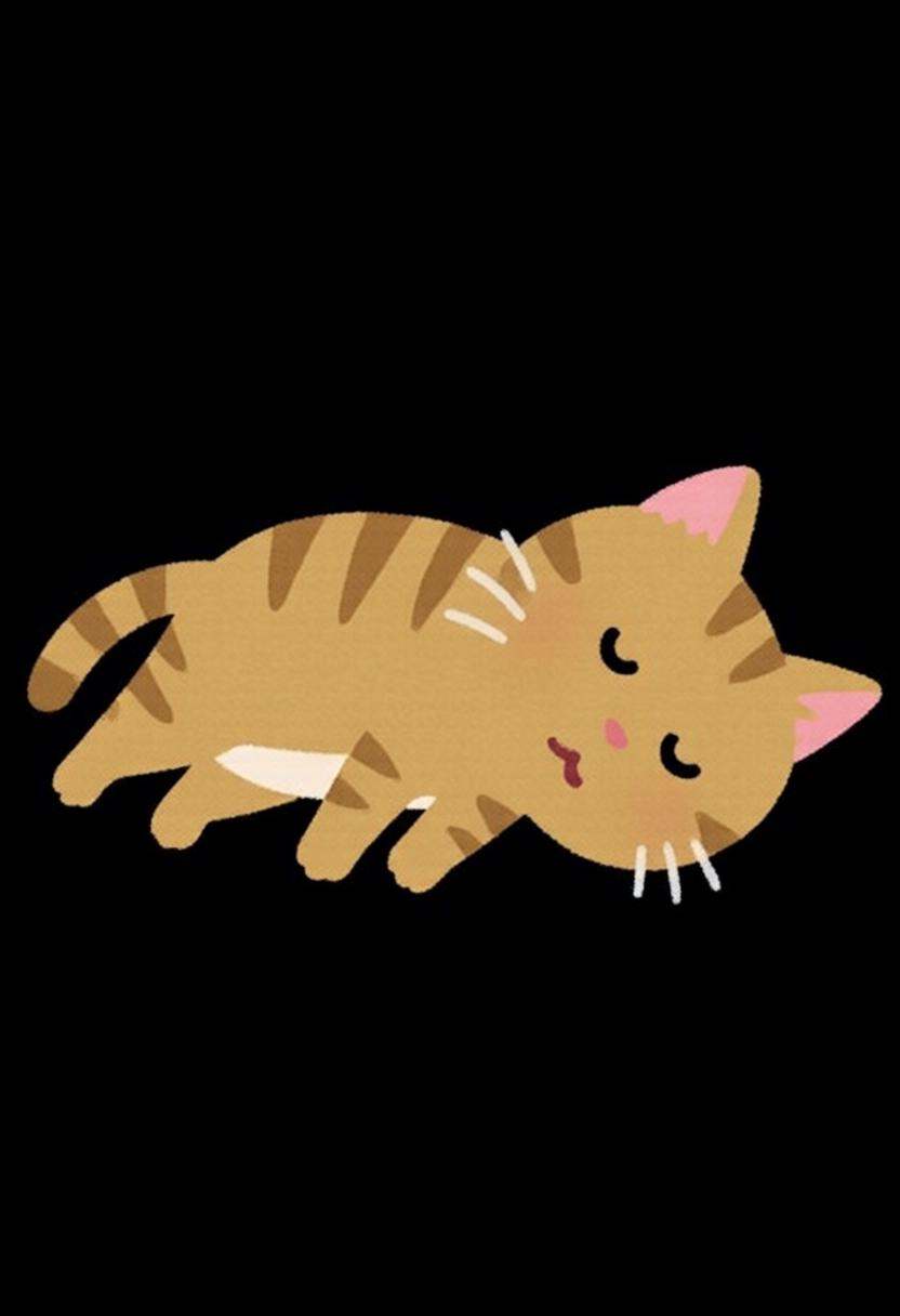 irasutoya3q illustration. A sleeping cat with a light brown and orange striped pattern,  a pink nose,  and whiskers. Its e...