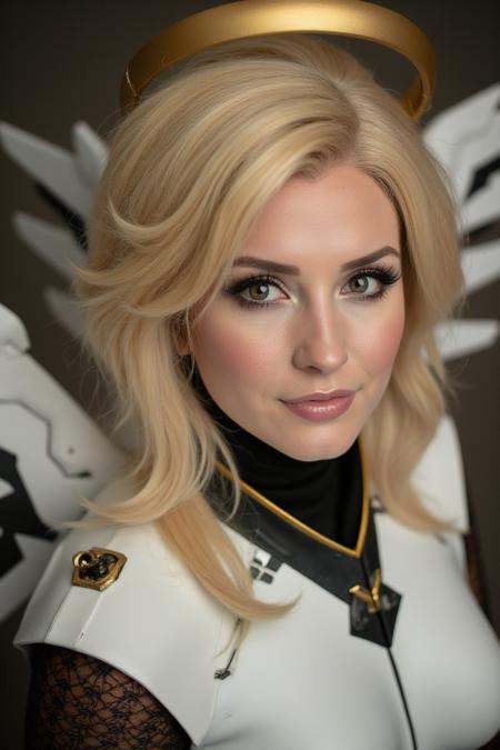 Mercy,  a blond woman with a halo and wings,  closeup face portrait. Professionnal photography. detailed eyes and skin. on...