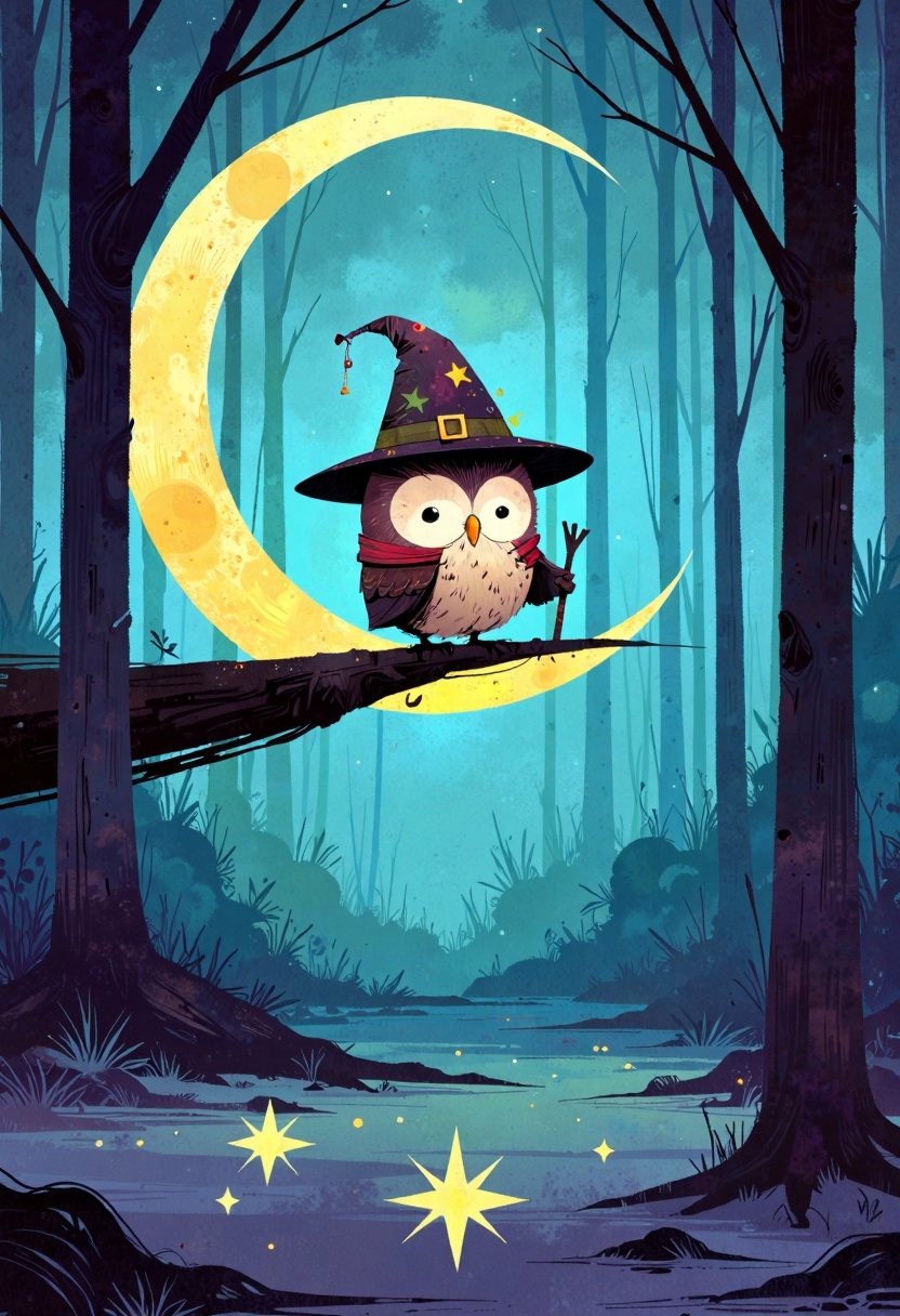 ppstorybook,  A little owl wearing a tiny wizard hat,  perched on a crescent moon above a forest of sparkling stars on Ten...