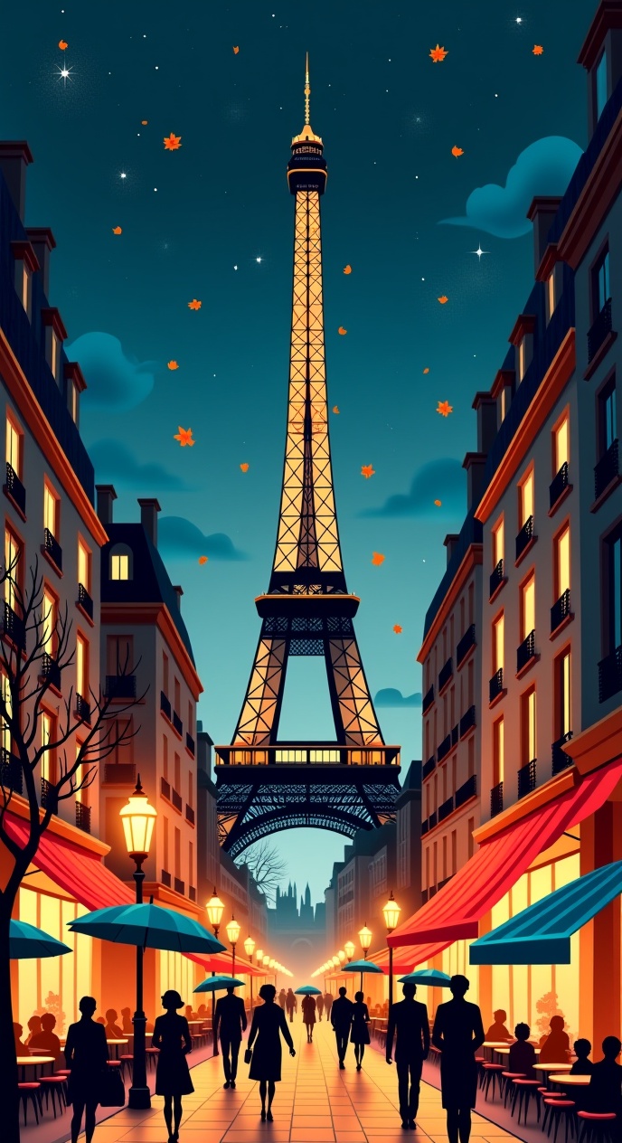 X-1950s,  ((flat illustration style)),  Create an illustration of a romantic Paris night scene. The Eiffel Tower is promin...