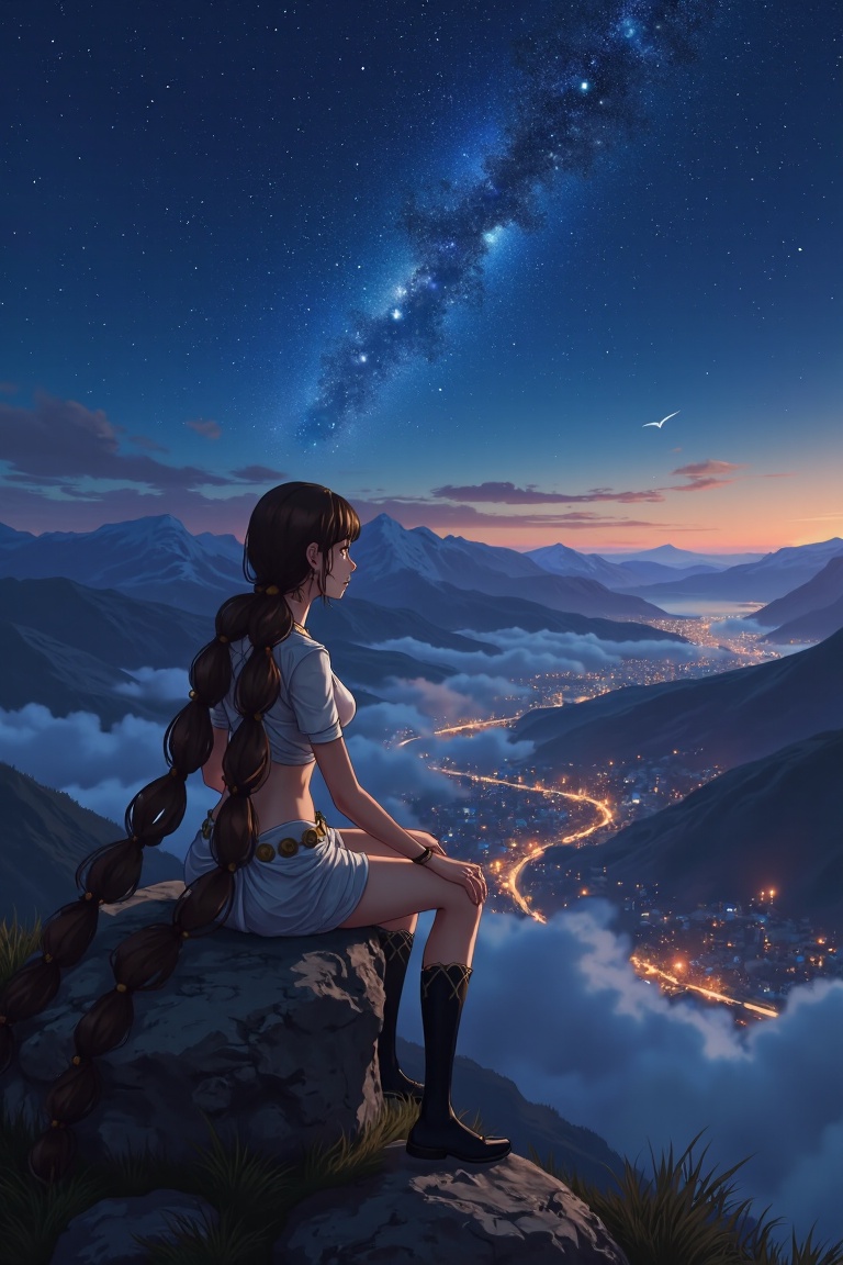 Aksha _ Eve,1girl,school unifrom,sitting on rock at mountain,looking at far night city,cowboy shot,,<lora:models/2846/5d9ccba5-20.safetensors:0.8:0.8>