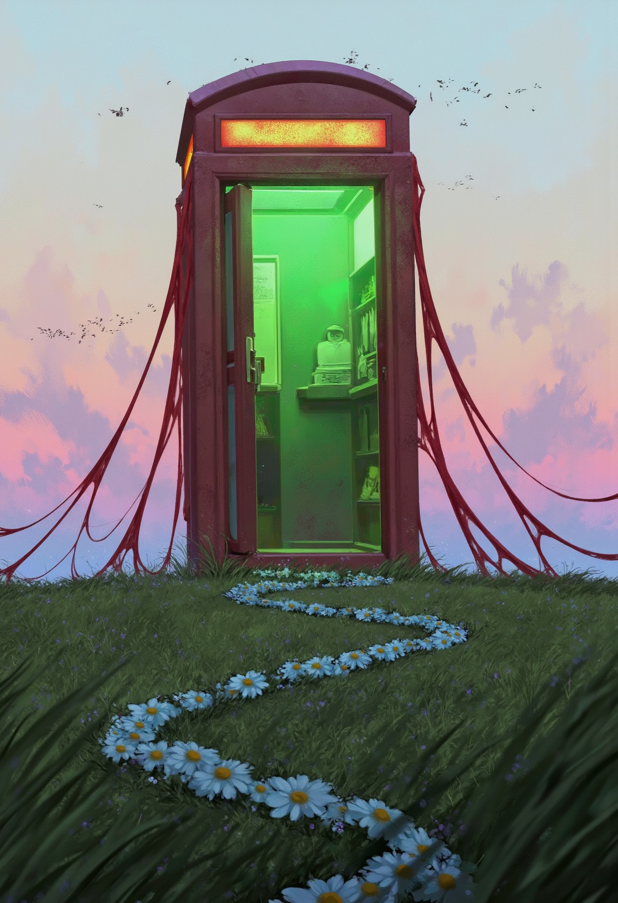sc3n1ch0r1s0ns,  the booth itself is a deep red color with a golden trim and a bright glowing green light emanating from w...