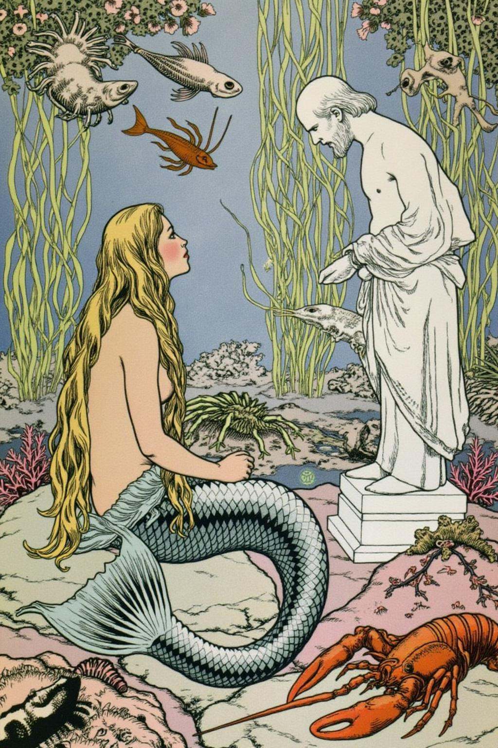 ivanbilibin1 illustration.A mermaid with long,  flowing golden hair,  is show in side profile view. She sits on a rocky ou...