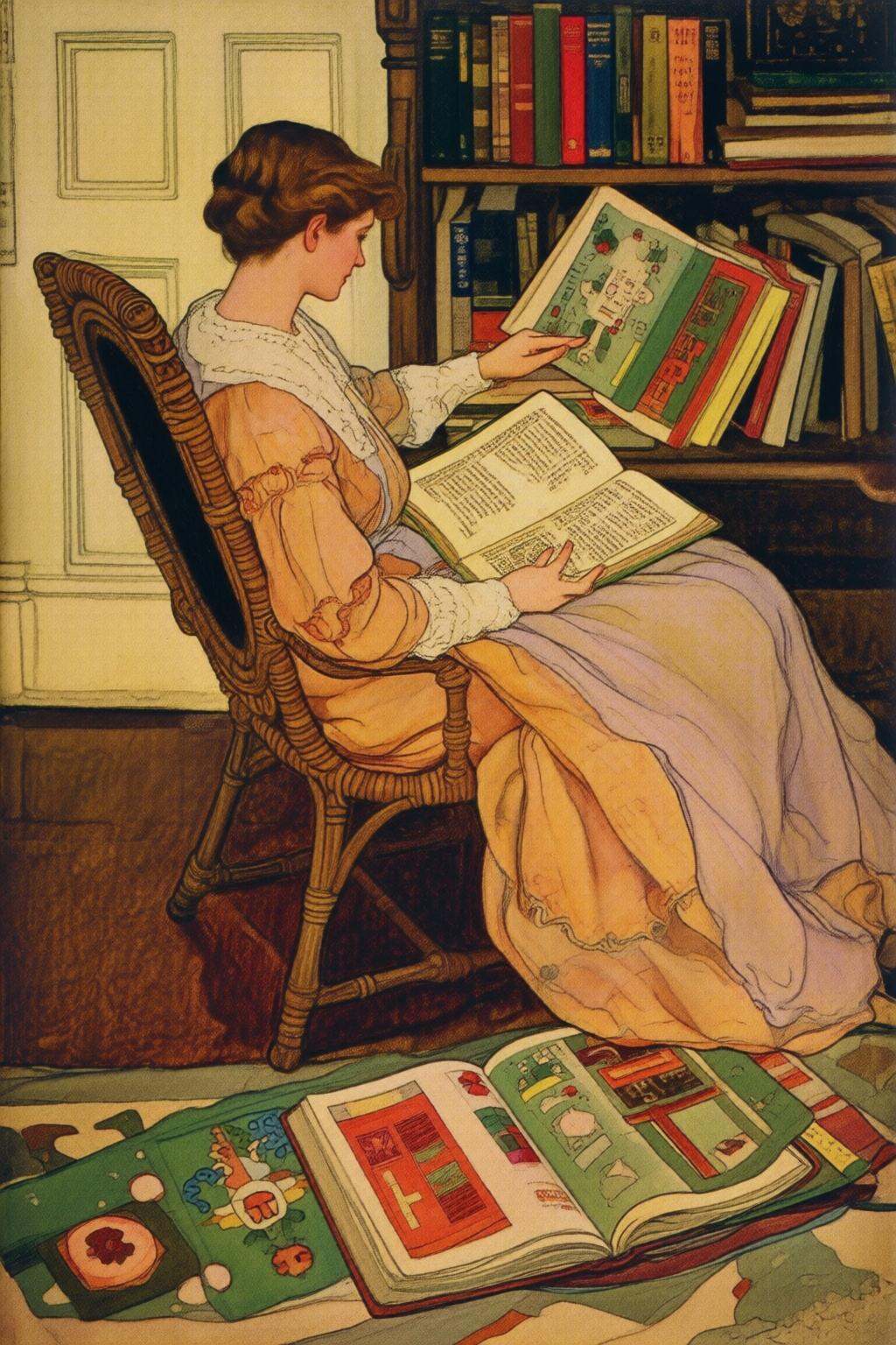 elizabethshippengreen2q illustration.A woman,  shown in side profile,  is sitting in a comfortable wicker armchair with a...