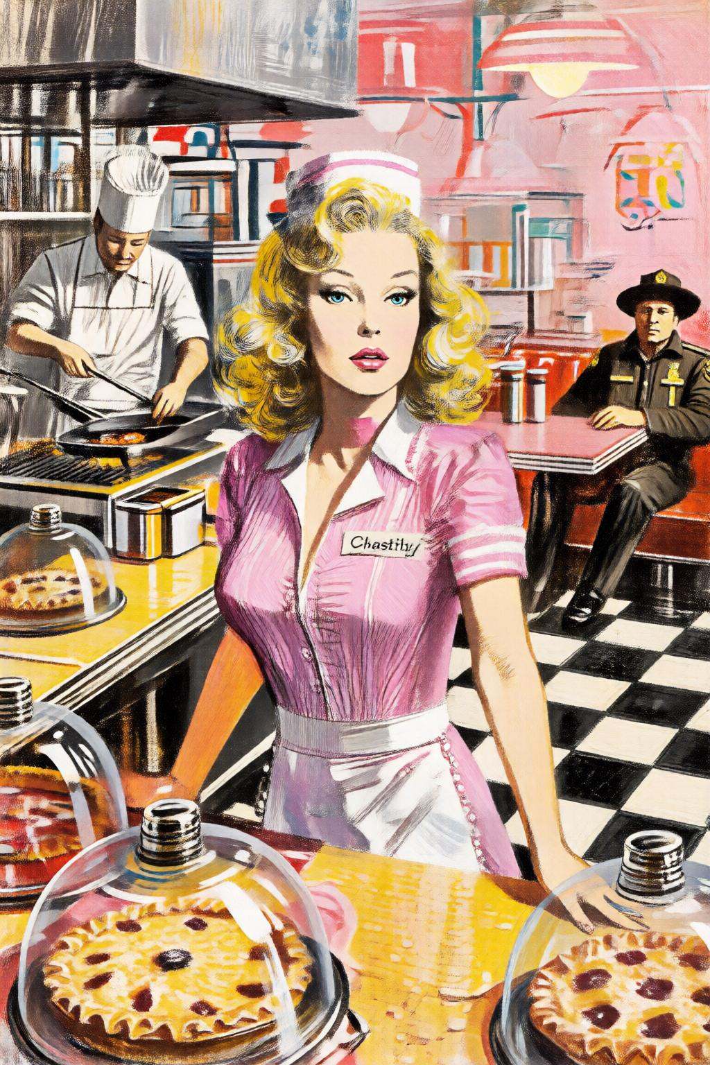 giannirenna2q illustration. Silmas. A waitress named "Chastity" standing behind the formica counter of a sun-drenched,  cl...