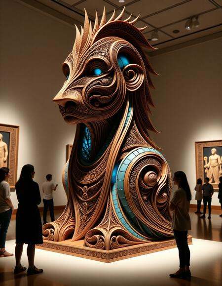 A breathtaking sculpture reminiscent of ancient Greek artistry from around 1200 BC, showcased in a modern New York gallery. The sculpture, made from rich walnut wood, features intricate, hand-carved patterns inspired by classical Greek motifs, with flowing lines and geometric precision. Embedded throughout the walnut structure are luminous blue glass inlays, evoking the appearance of ancient gemstones. The gallery’s spotlight highlights the sculpture, casting delicate reflections from the blue glass onto the rich, polished wood. Shadowy figures of gallery visitors stand nearby, their silhouettes softly illuminated by the spotlight, gazing at the timeless fusion of classical craftsmanship and modern elegance in a serene, contemplative atmosphere.<lora:ral-frctlgmtry_flux:0.8> ral-frctlgmtry <lora:woodfigurez:0.8> woodfigurez