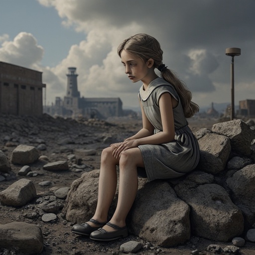 dark and gloomy children's book Artwork illustration of Gerda. She is sitting on rubble on the Airport Tempelhof in post-w...