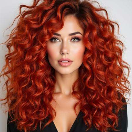 a close-up view of a woman with a red and long length loose_curlz hair style,  a close-up view of a woman with a blonde an...