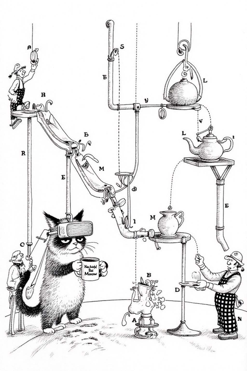 rugo1 illustration.Grumpy Cat holding a coffee mug,  wearing a VR Headset. The mug has the phrase "NobodyButMeow" printed....