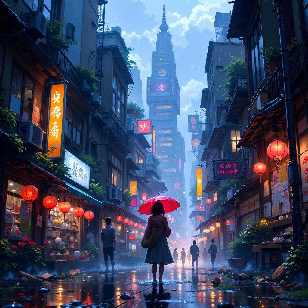 3pic_vist4,  anime_martz,  a young person with a red umbrella stands in the middle of a bustling city street under a cloud...