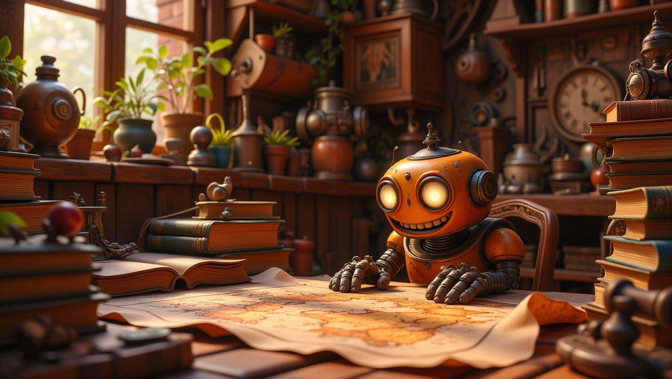 A small,  round robot with big,  glowing eyes is peeking out from behind a stack of old books in a cluttered workshop. Its...