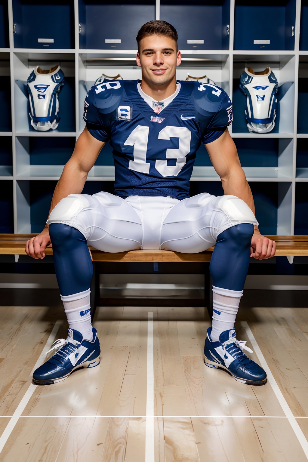 in an American football locker room,  (sitting on a wooden bench),  legs spread open on Tensor.Art