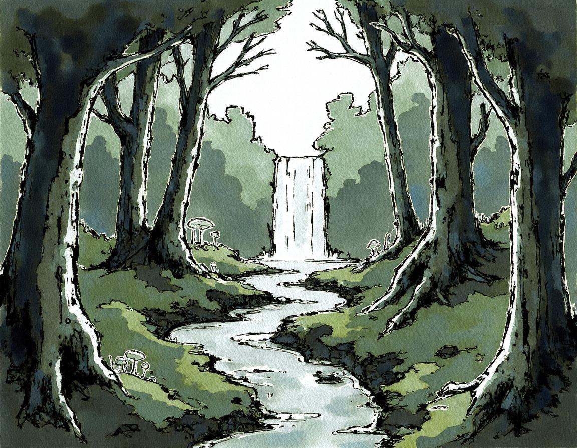 ink watercolor,  Create a dreamy,  mystical forest scene using ink and watercolor style. The forest should feel enchanted...